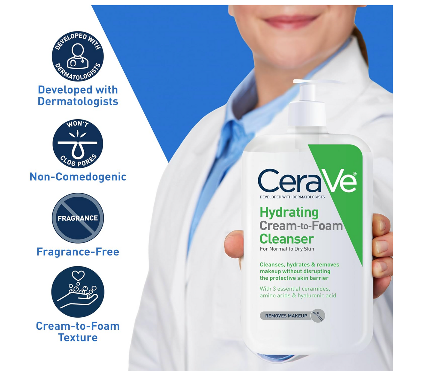 CERAVE: Hydrating Cream-to-Foam Cleanser (Normal to Dry Skin) 355mL