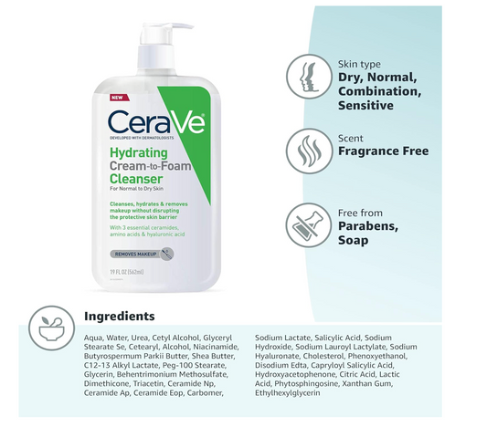 CERAVE: Hydrating Cream-to-Foam Cleanser (Normal to Dry Skin) 562mL